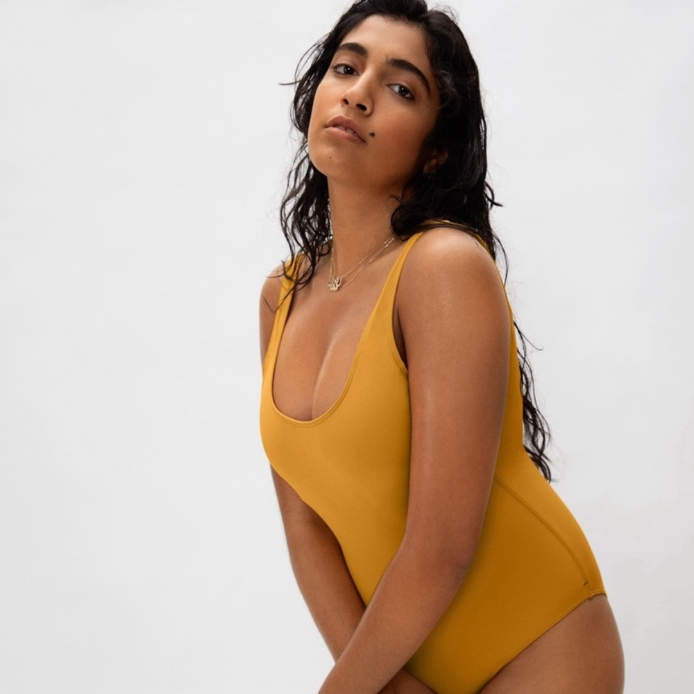 Everlane Mustard Yellow Scoop One-Piece Swimsuit